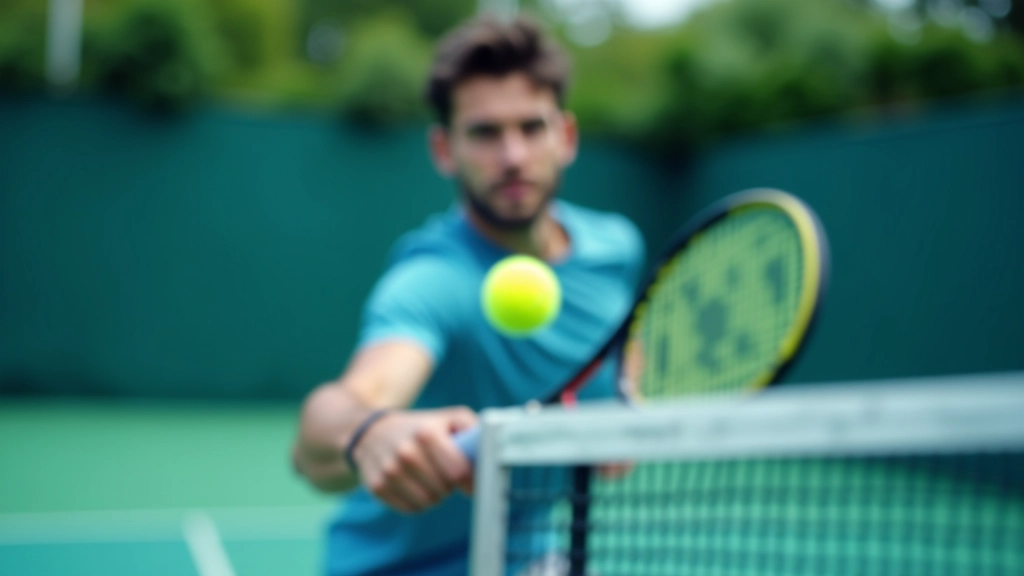 لاعب تنس متقدم ينفذ ضربة volley قريباً من الشبكة مع دقة عالية في ملعب احترافي