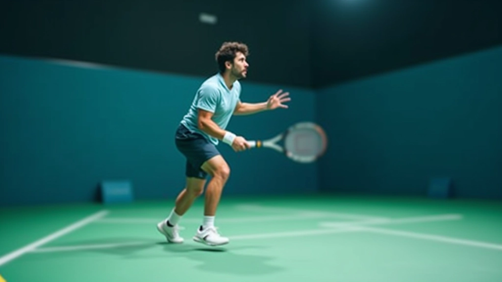 لاعب تنس في وضعية جاهزة أمام الشبكة يستعد للـ volley مع المضرب في الموضع الصحيح